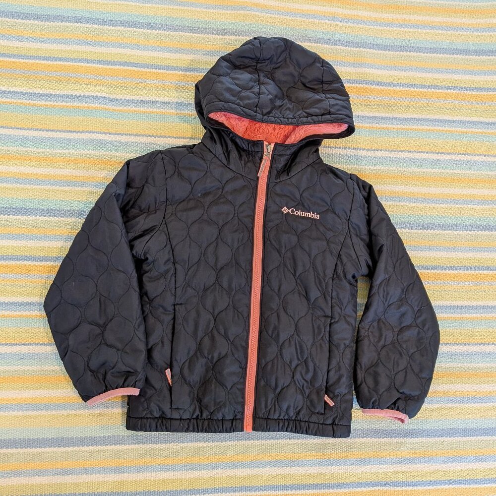 ⭐ Columbia Black quilted coat with fuzzy pink lining size XS 6-6x